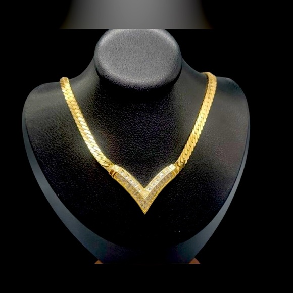 Christian Dior Crystal Necklace V Choker 17" Thick Herringbone Chain Gold 1998! - Picture 1 of 8
